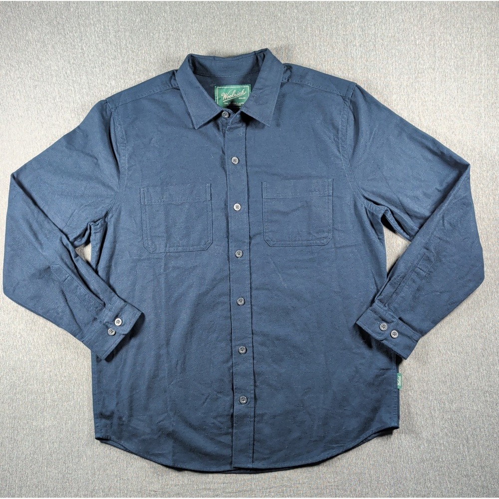 WOOLRICH Green Label Mens LS Shirt Chamois Cloth Flannel‎ Forest Navy L #5578 - Picture 2 of 9